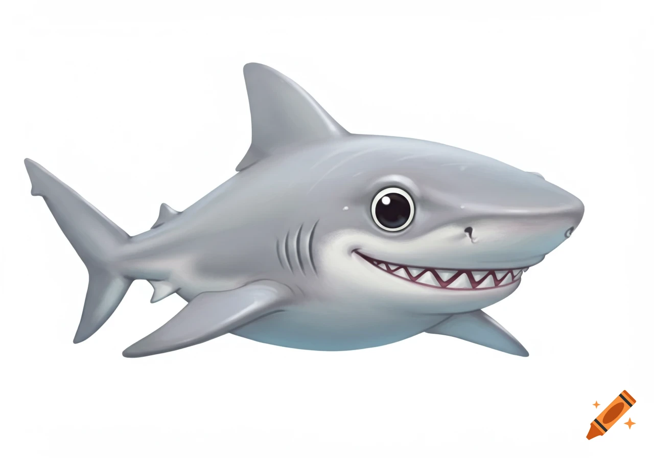 A friendly cartoon shark swimming on a white background.
