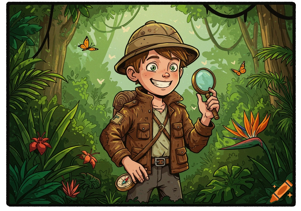 Cartoon illustration of a young boy explorer in a jungle with a magnifying glass and compass.