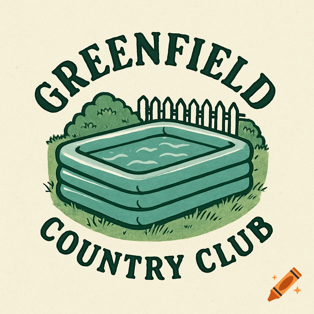 Logo in vintage illustration style featuring an inflatable pool, grass, and fence, with text 'GREENFIELD COUNTRY CLUB'.