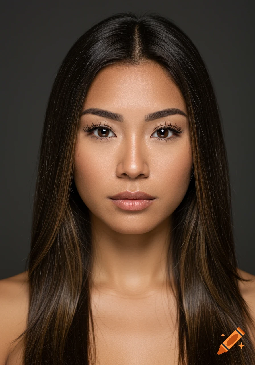Close-up photorealistic portrait of a young woman with long brown hair ...