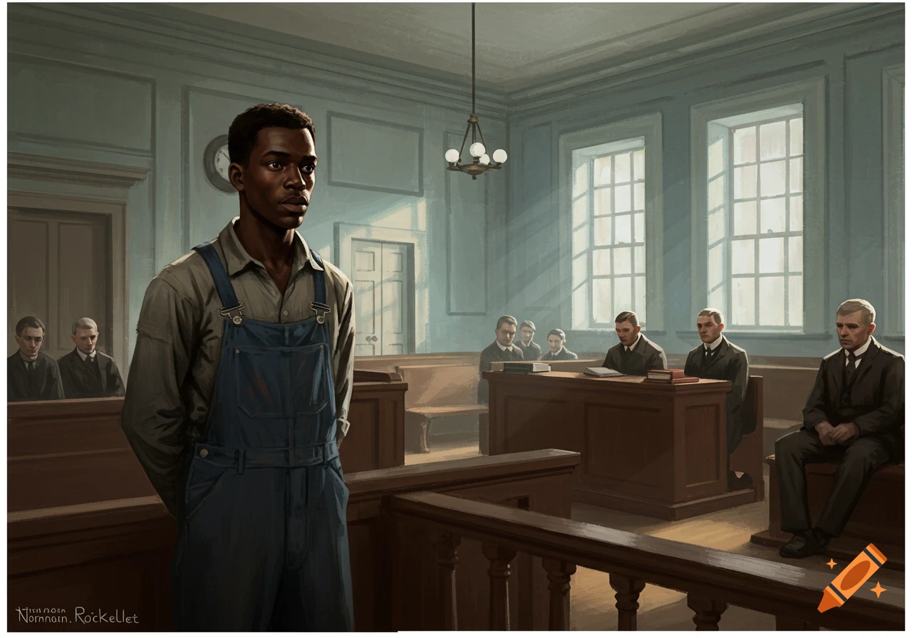 A Black man stands in a courtroom wearing overalls, lit by sunlight from windows. Other figures are seated in the background.