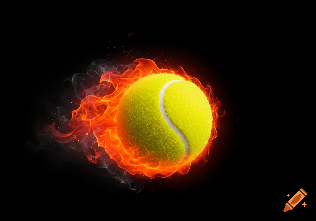 A bright yellow tennis ball is engulfed in orange and red flames and smoke against a black background.