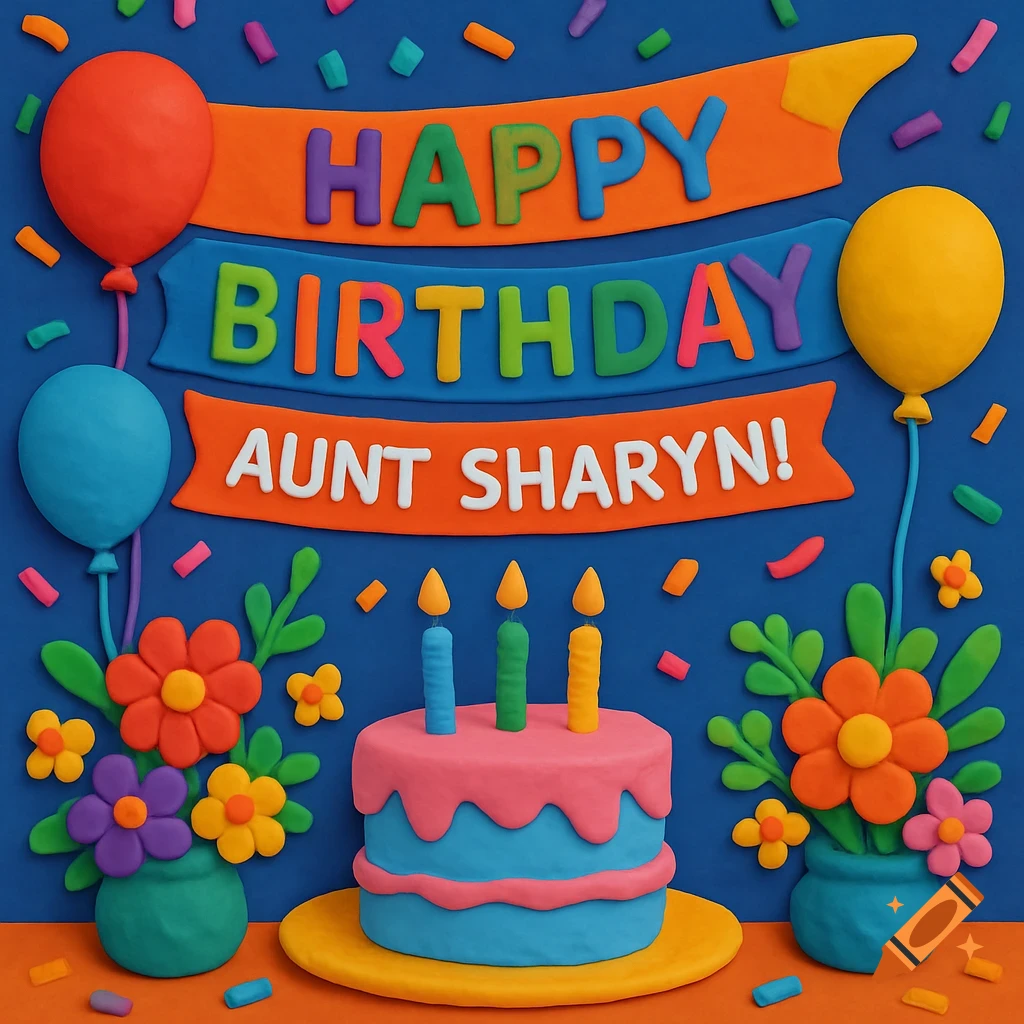 Claymation birthday scene with cake, balloons, flowers, and 'Happy Birthday Aunt Sharyn!' banner.
