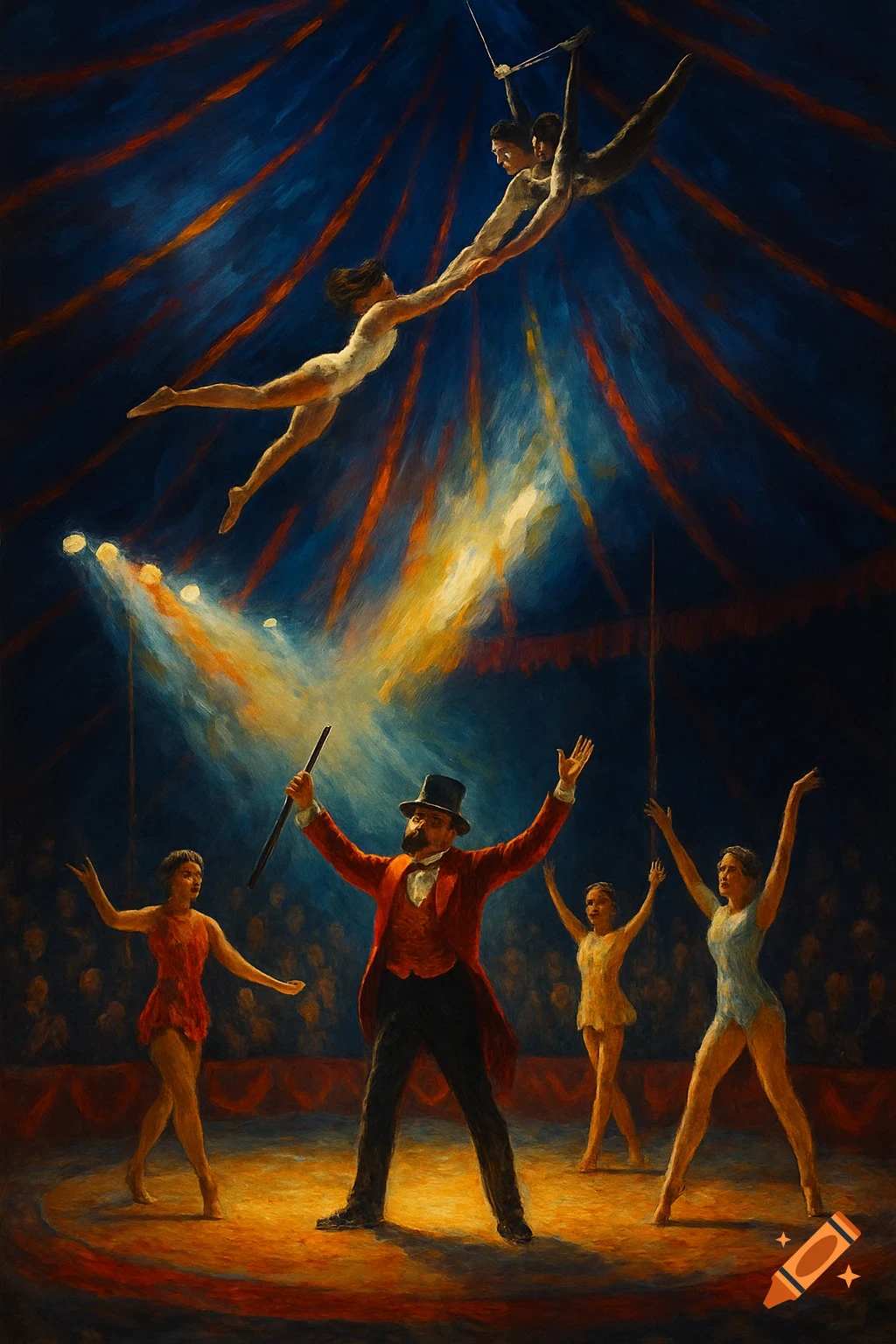 Painting of a circus scene with trapeze artists, a ringmaster, and dancers under a spotlight.