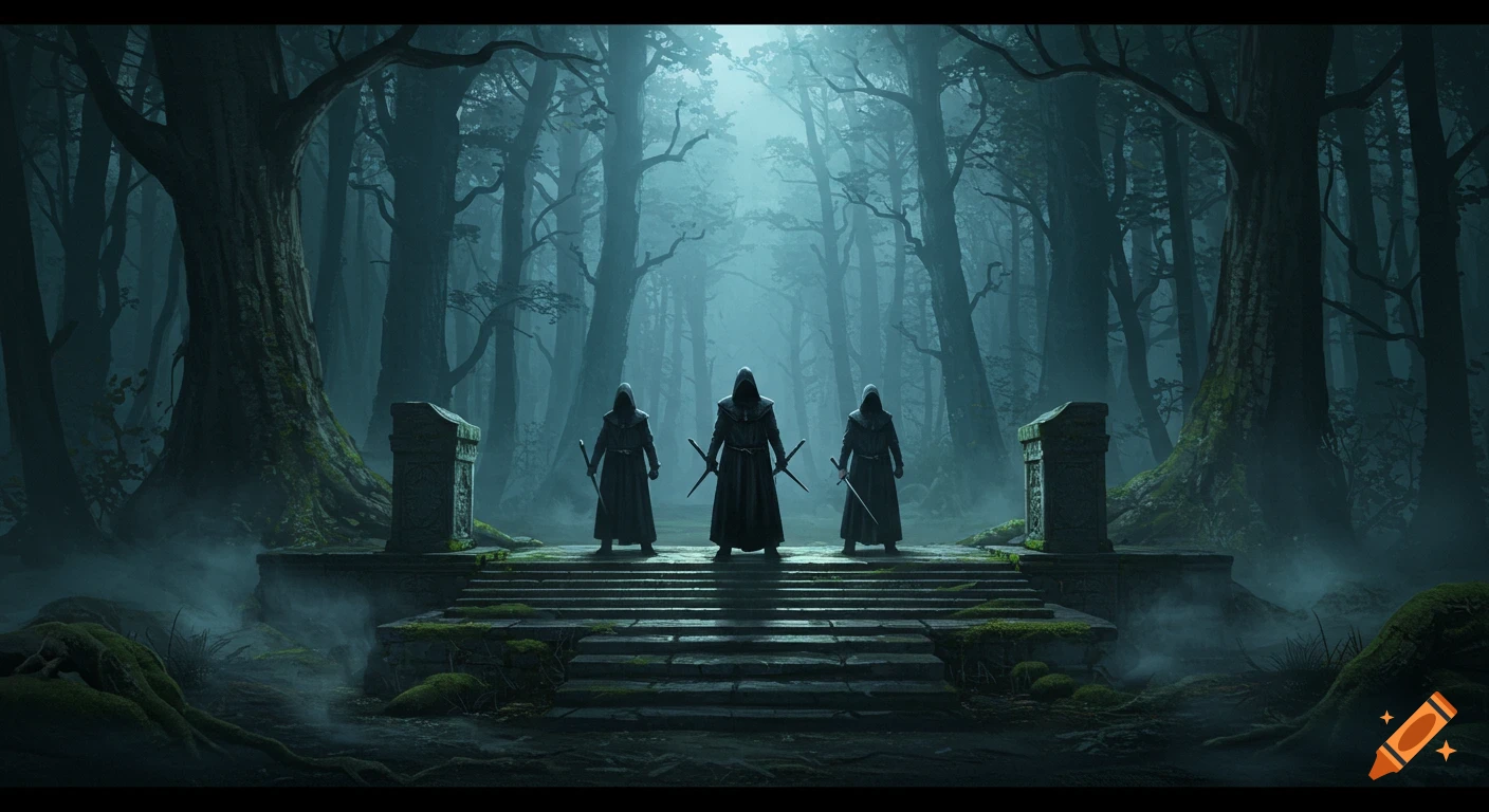 Three robed figures stand on ancient steps in a dark, misty forest.