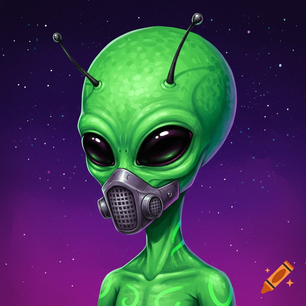A green alien character wearing a gas mask stands against a starfield background in a digital painting style.