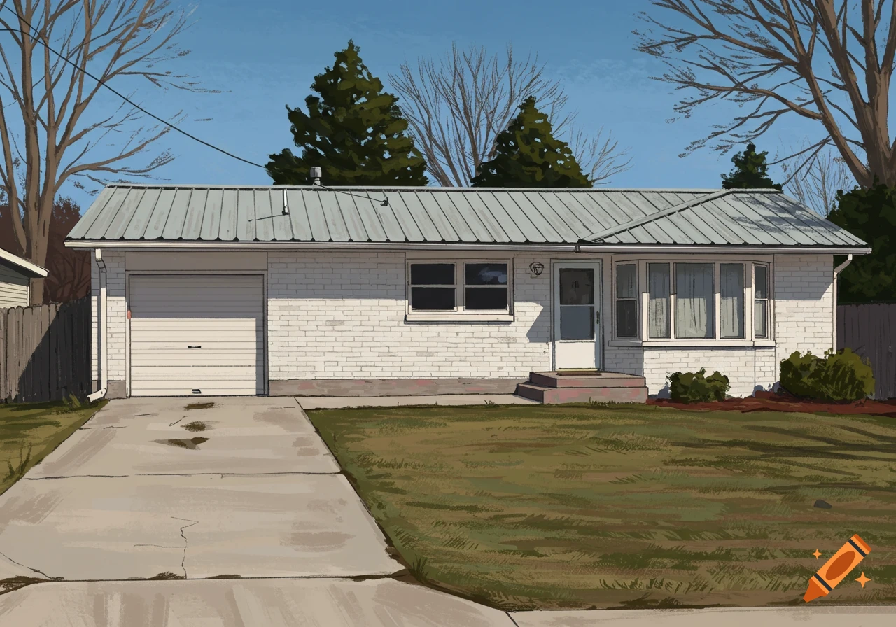 A single-story white brick ranch house with a metal roof and driveway in a suburban setting.