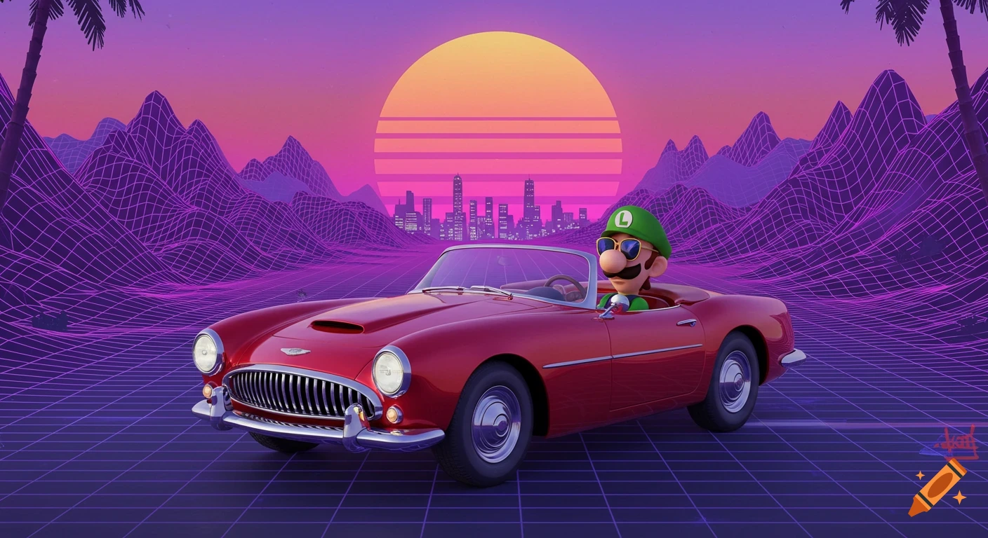 Luigi drives a red convertible through a neon purple vaporwave landscape at sunset.