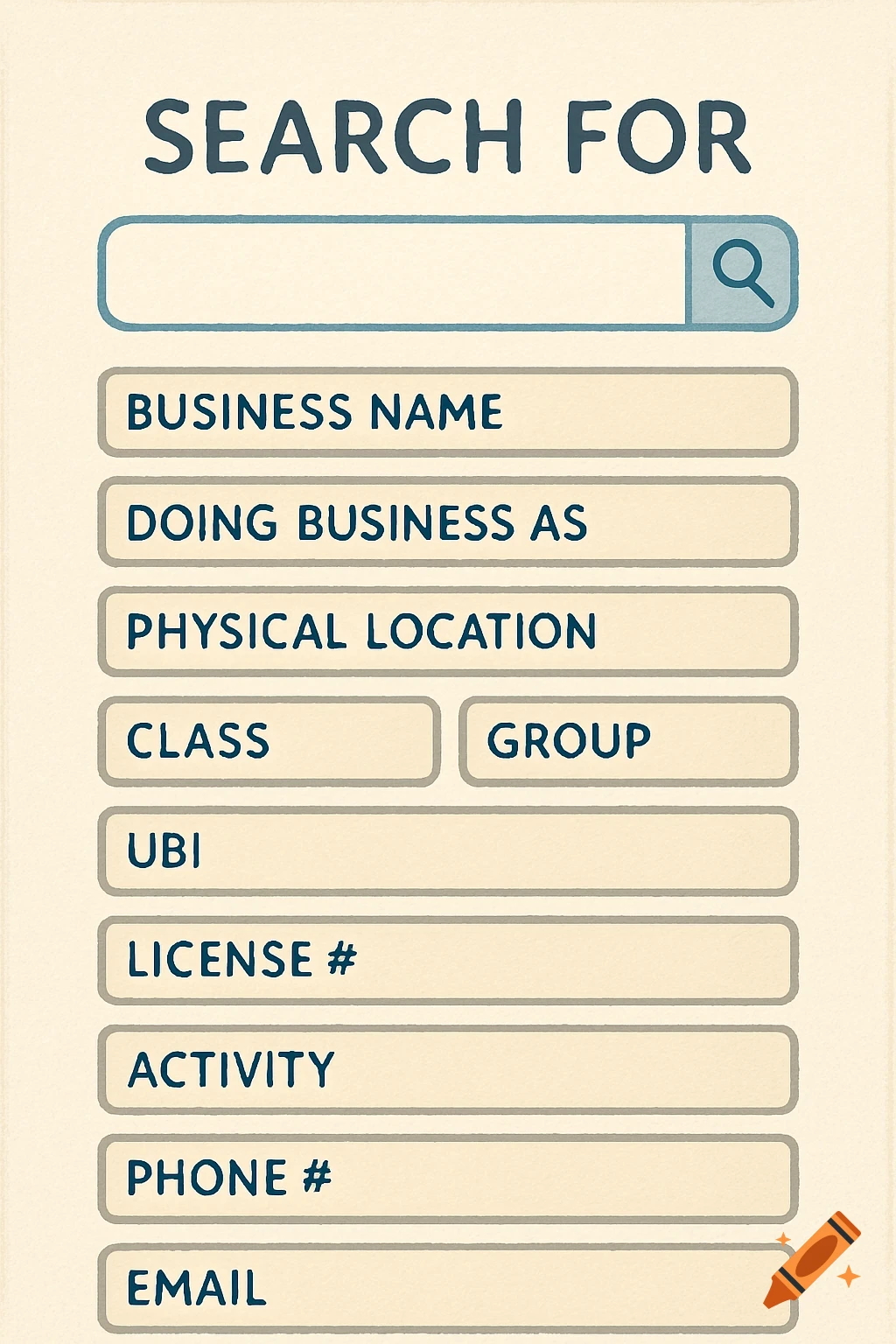 Mockup of a search interface with fields for business name, location, license, phone, and email.