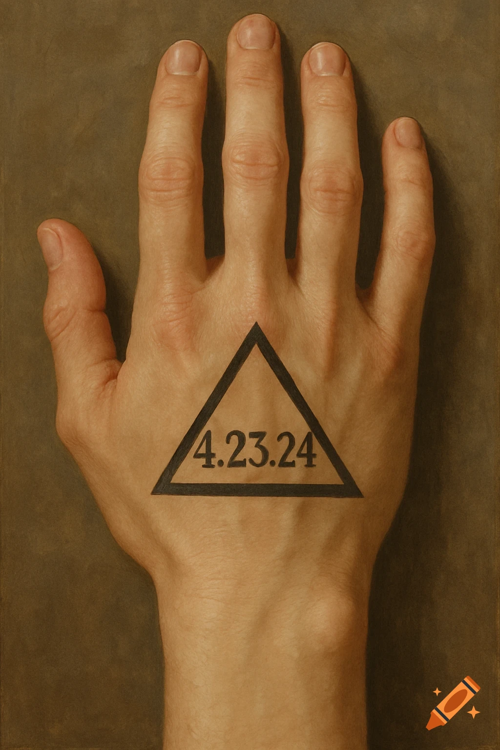A hand with a black triangle containing the date 4.23.24 drawn on the palm.