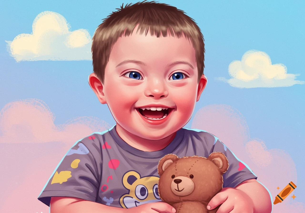 An illustration of a happy child holding a teddy bear under a bright sky.