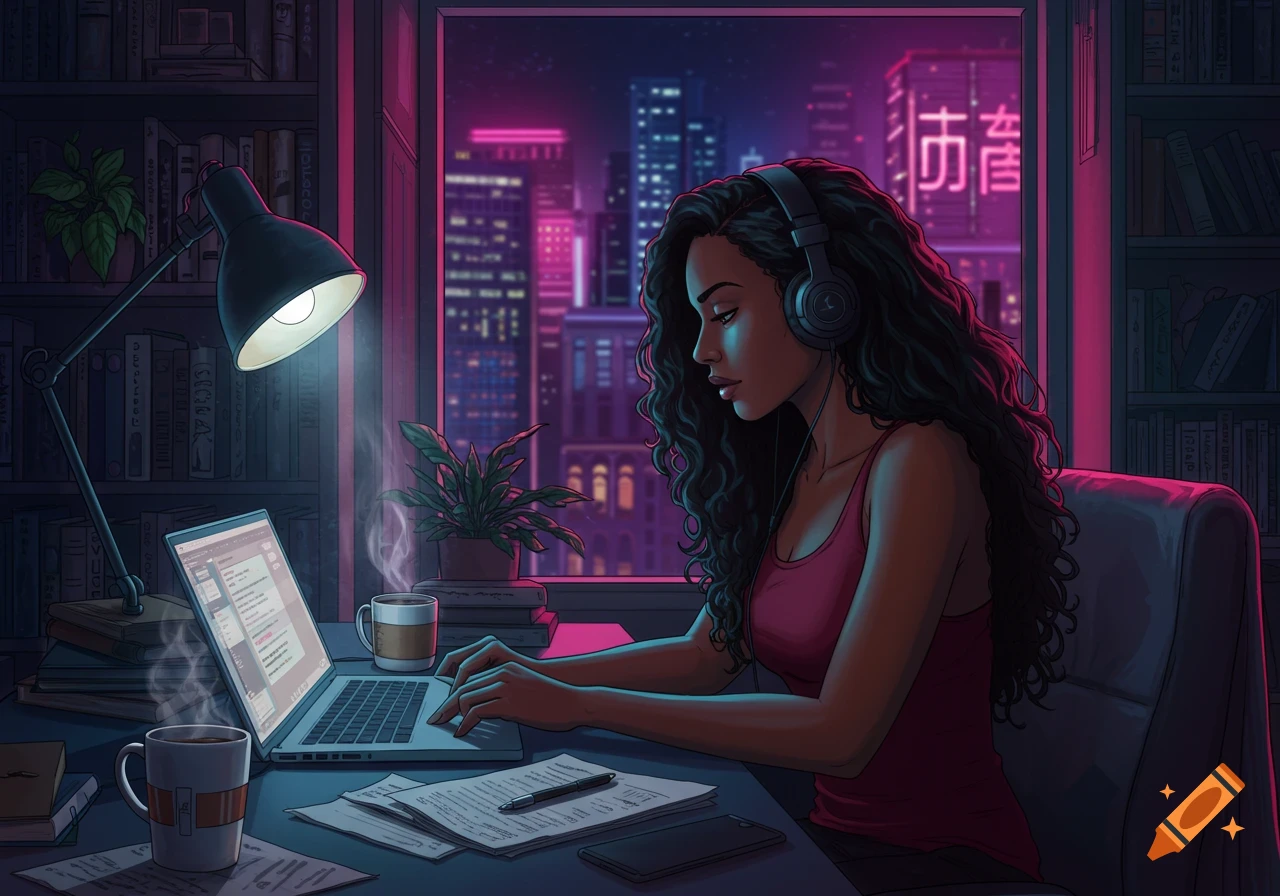 Illustration of a woman with headphones typing on a laptop at a desk, cityscape outside window