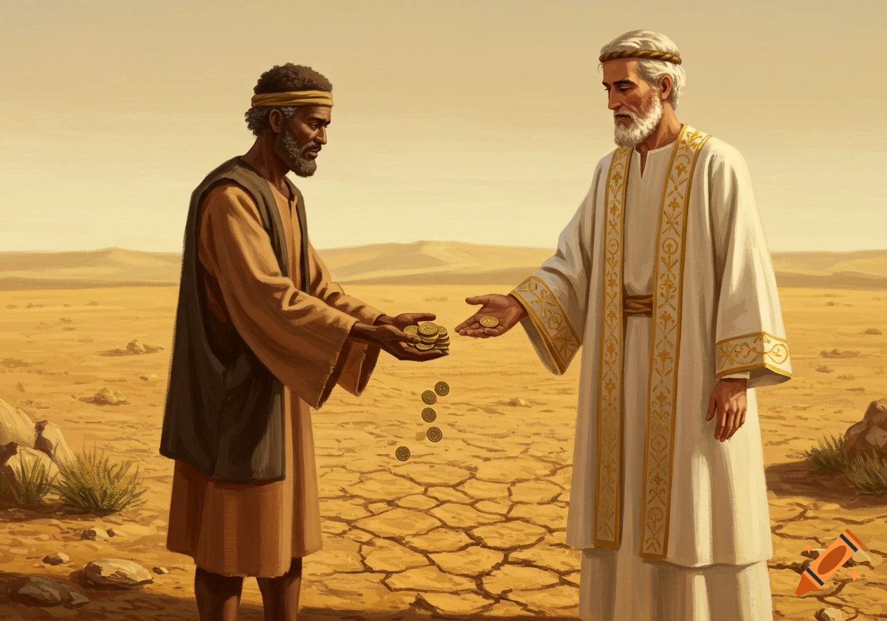Two men in historical robes exchange coins in a dry desert landscape.