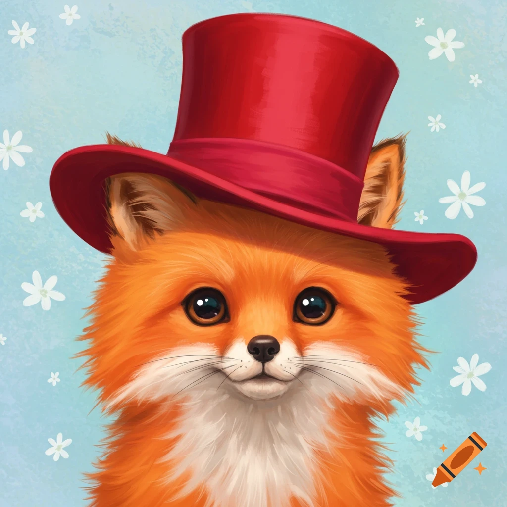 A cute orange fox wearing a red top hat, against a blue background with white flowers.