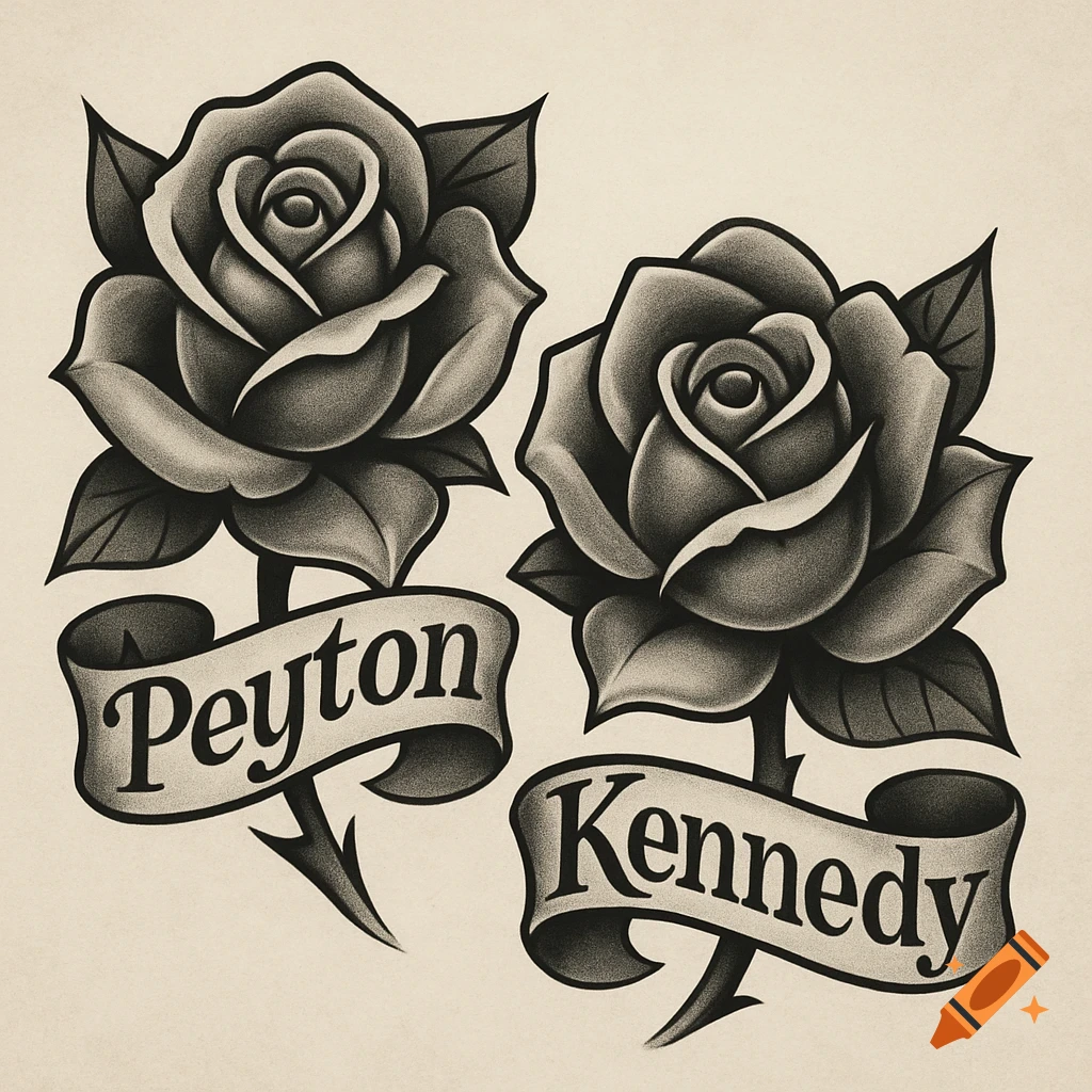 Two black and grey tattoo designs of roses with banners reading 'Peyton' and 'Kennedy'.