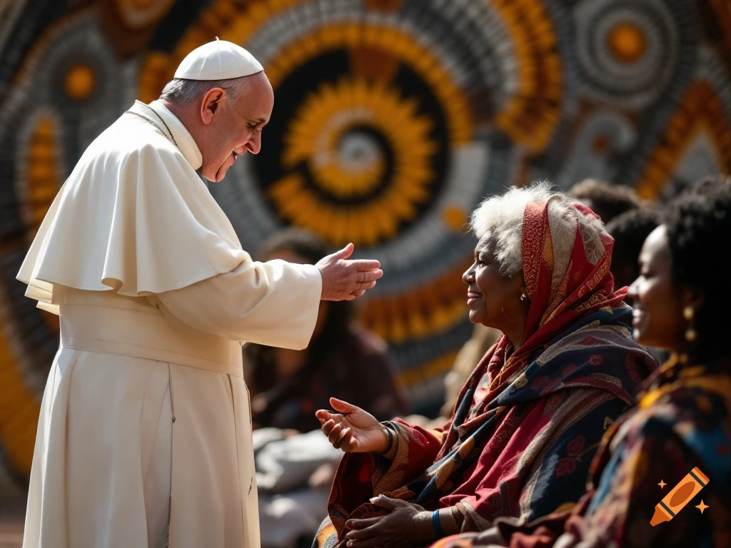 Pope Francis reaches out to greet an older woman in a colorful shawl in a crowd