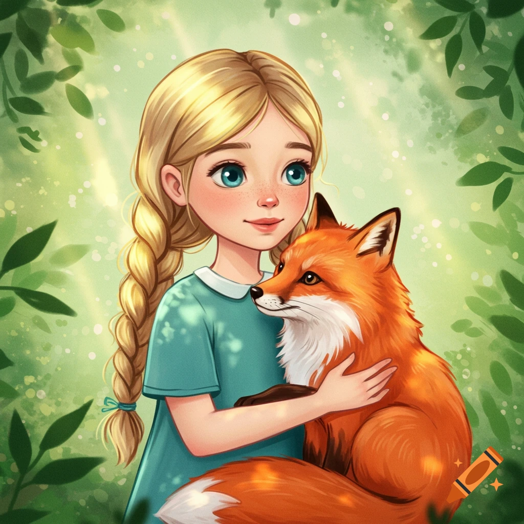 Illustration of a girl hugging a fox in a forest.