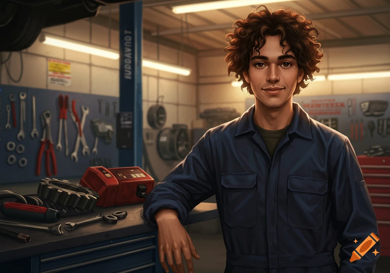 Young man in a mechanic shop.