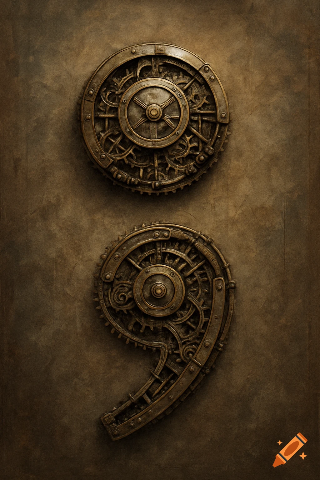A semicolon made of brass gears and mechanical parts on a bronze background.