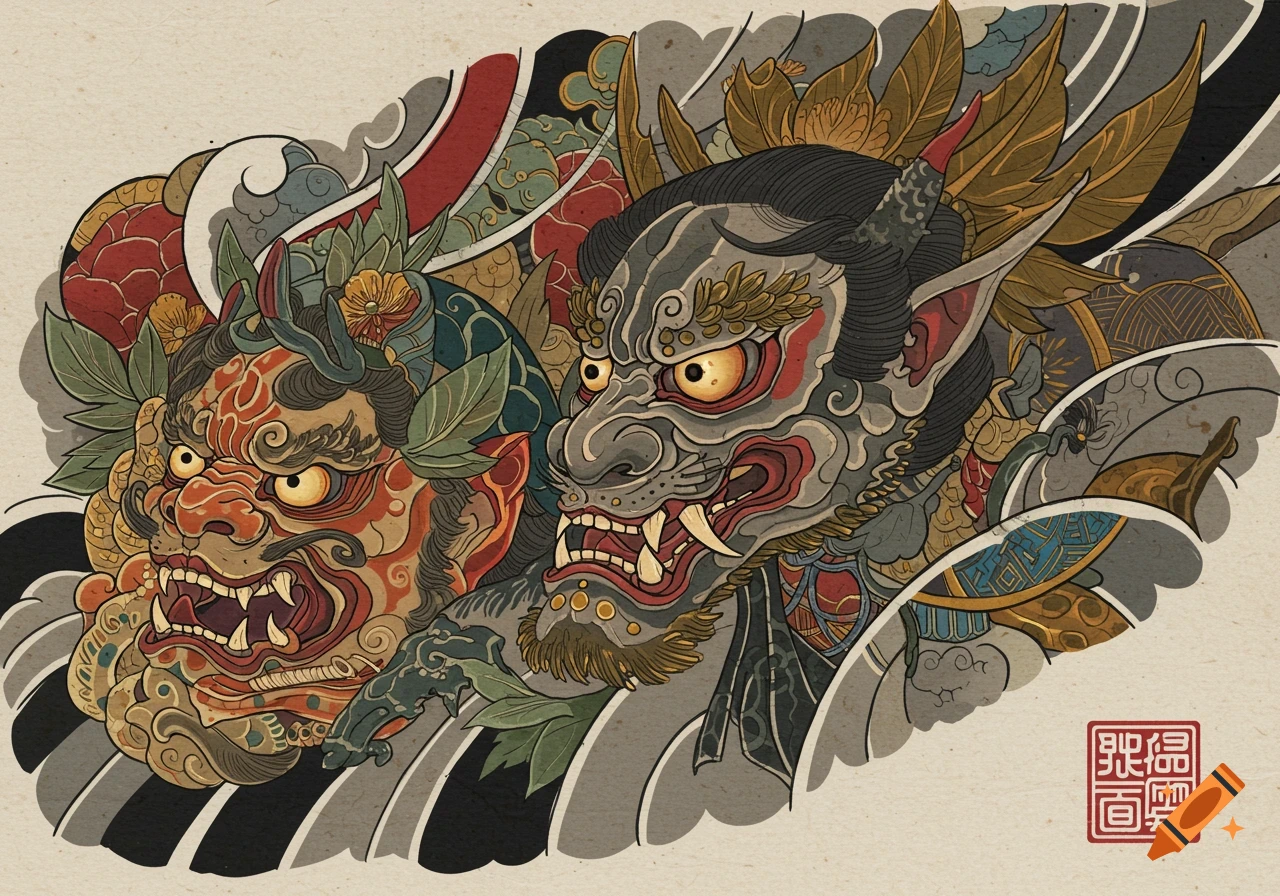 Two stylized Japanese tattoo-style faces (red and gray) with fangs and fierce expressions, surrounded by waves and foliage.