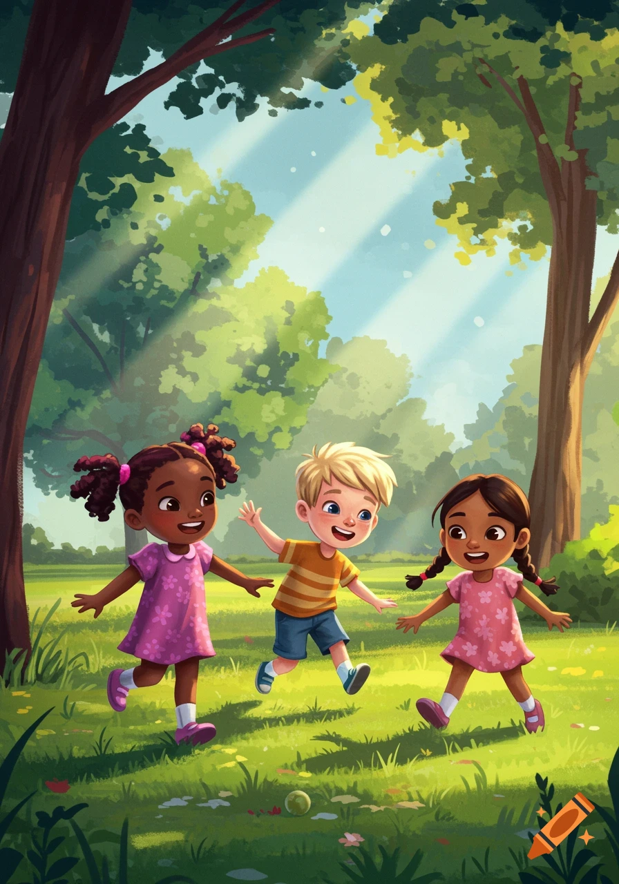 Cartoon illustration of three kids running and playing in a sunny park.