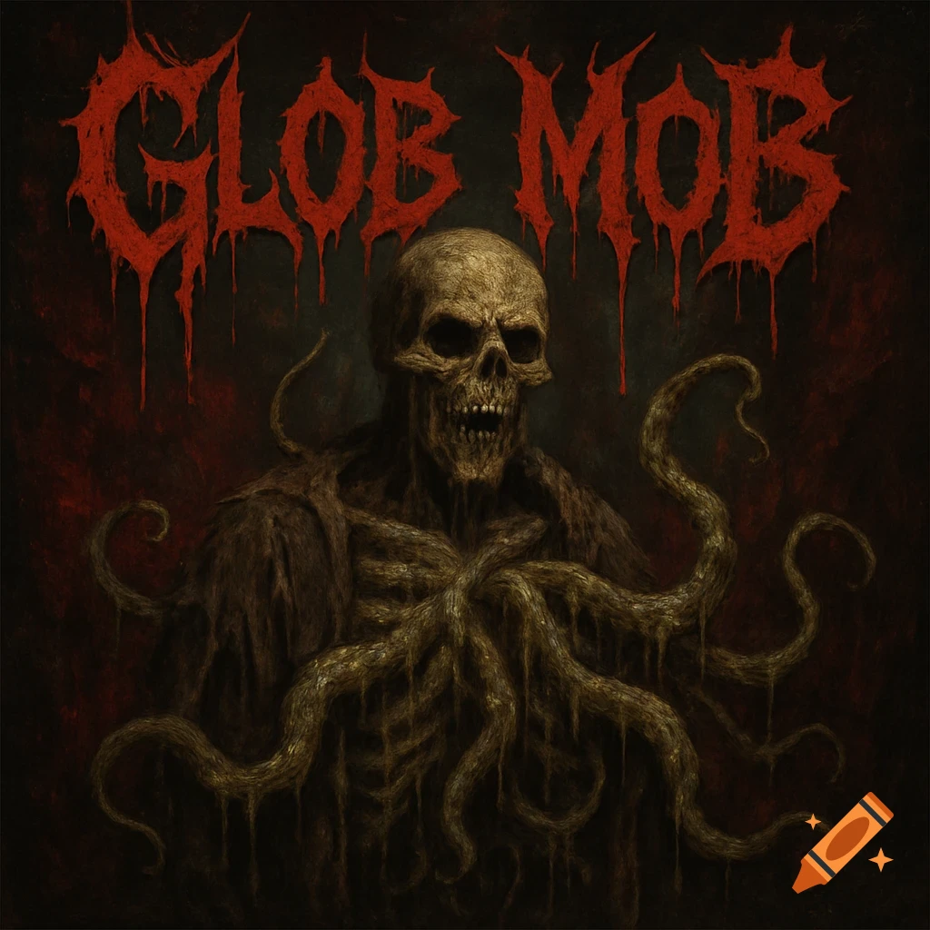 Death metal album cover art featuring a skeletal figure with tentacles and the title 'GLOB MOB' in dripping red text.
