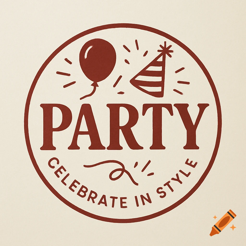 Circular party logo with red text "PARTY" and "CELEBRATE IN STYLE", featuring a balloon, party hat, and confetti graphic.