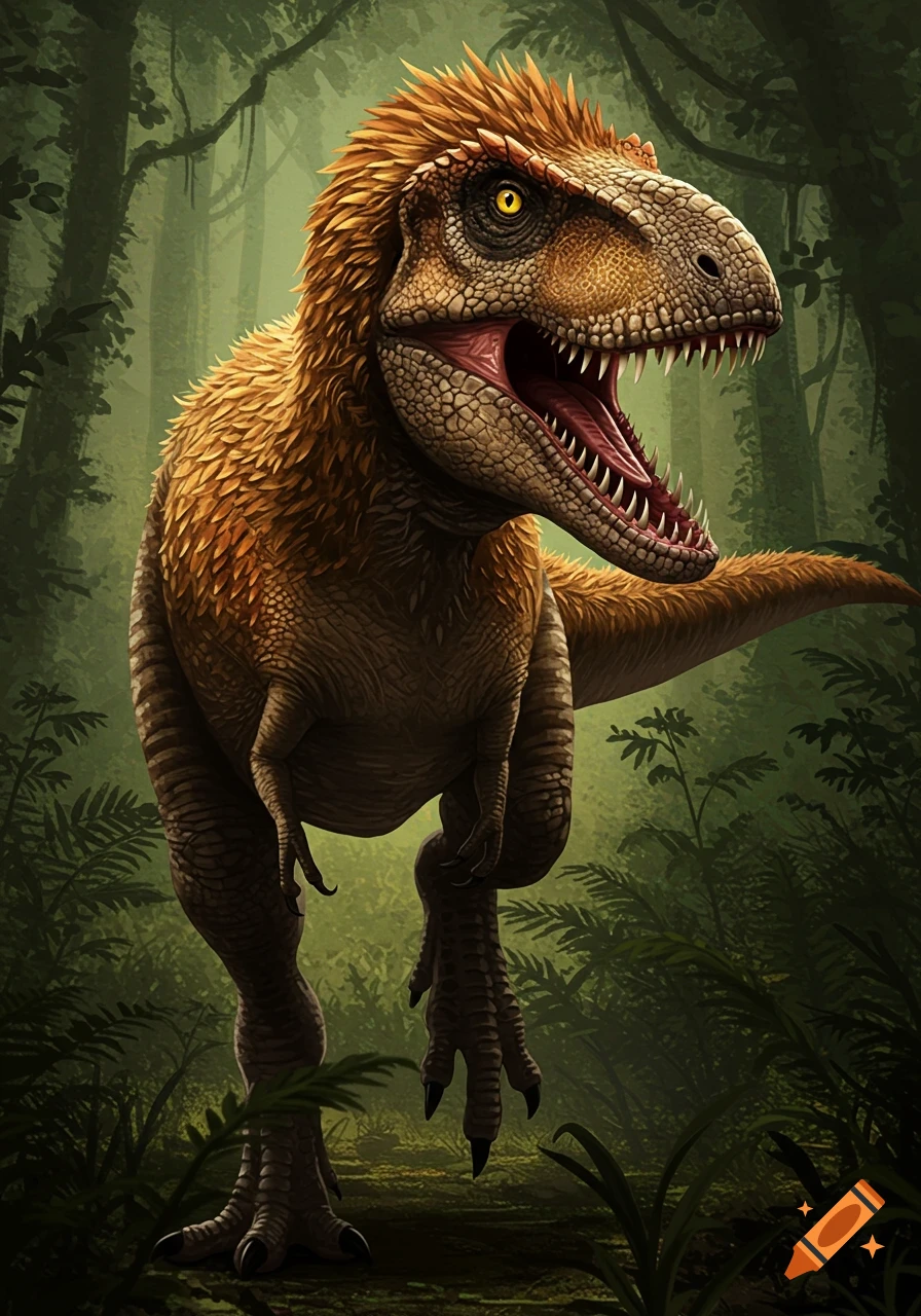 A feathered Tyrannosaurus Rex stands roaring in a dense jungle.