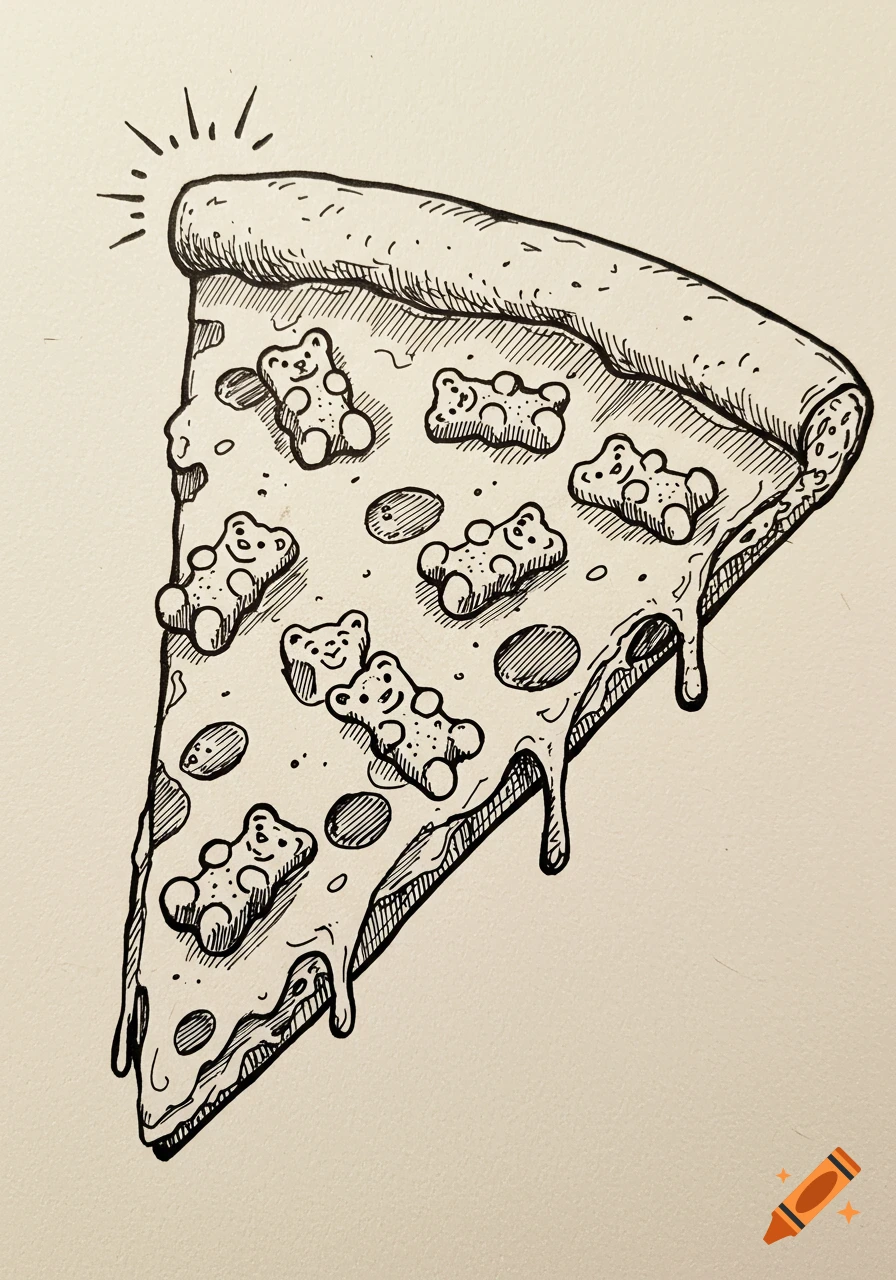 Black and white illustration of a pizza slice topped with gummy bears.