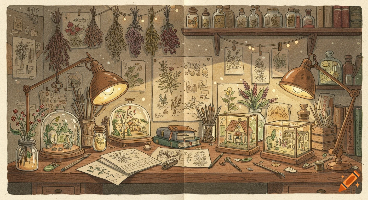 Cozy fantasy atelier workspace with miniature houses, botanical sketches, books, and art tools, hand-drawn watercolor style.