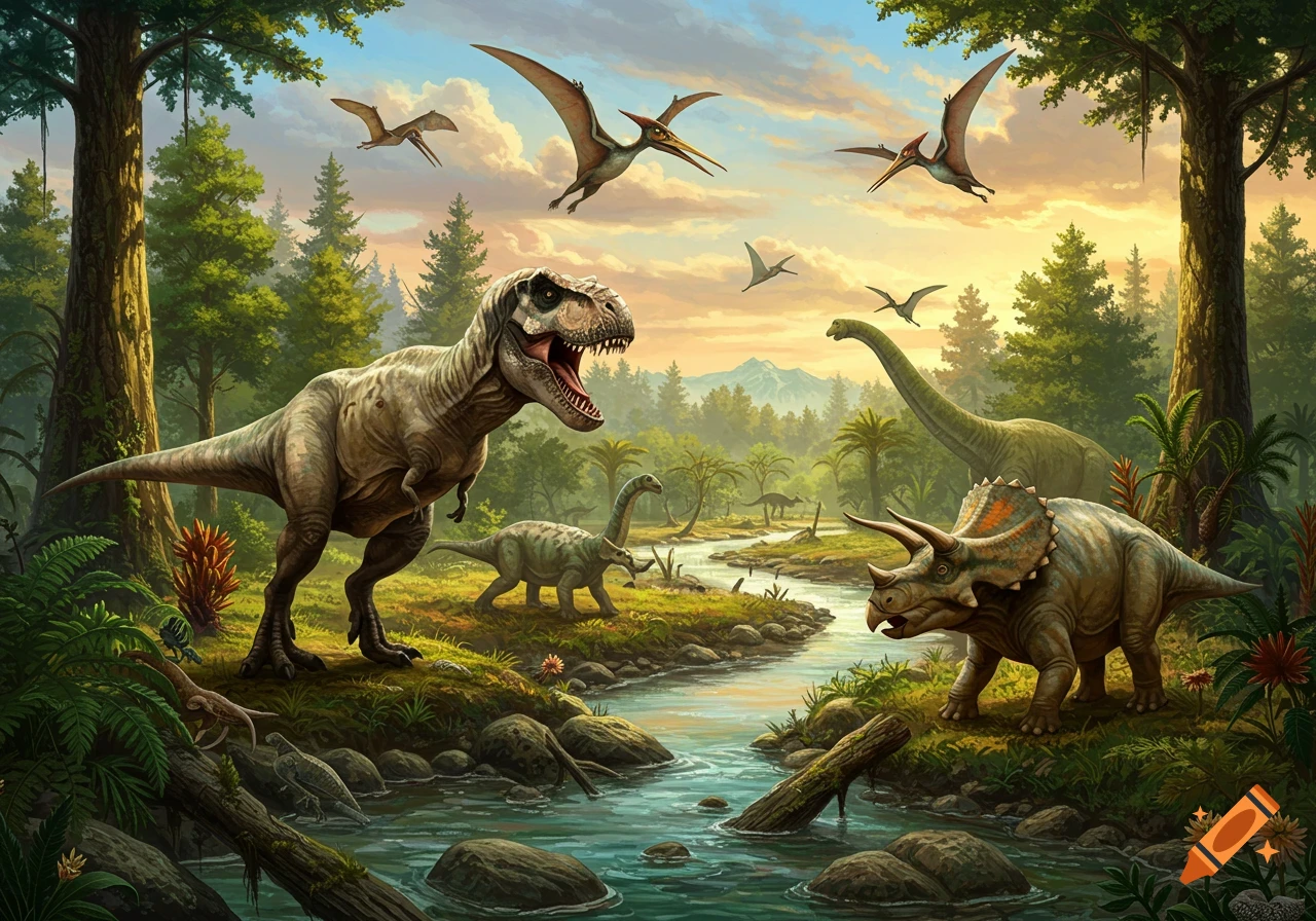 A prehistoric landscape with a T-Rex, Triceratops, Brachiosaurus, and flying Pterodactyls by a river in a lush forest.
