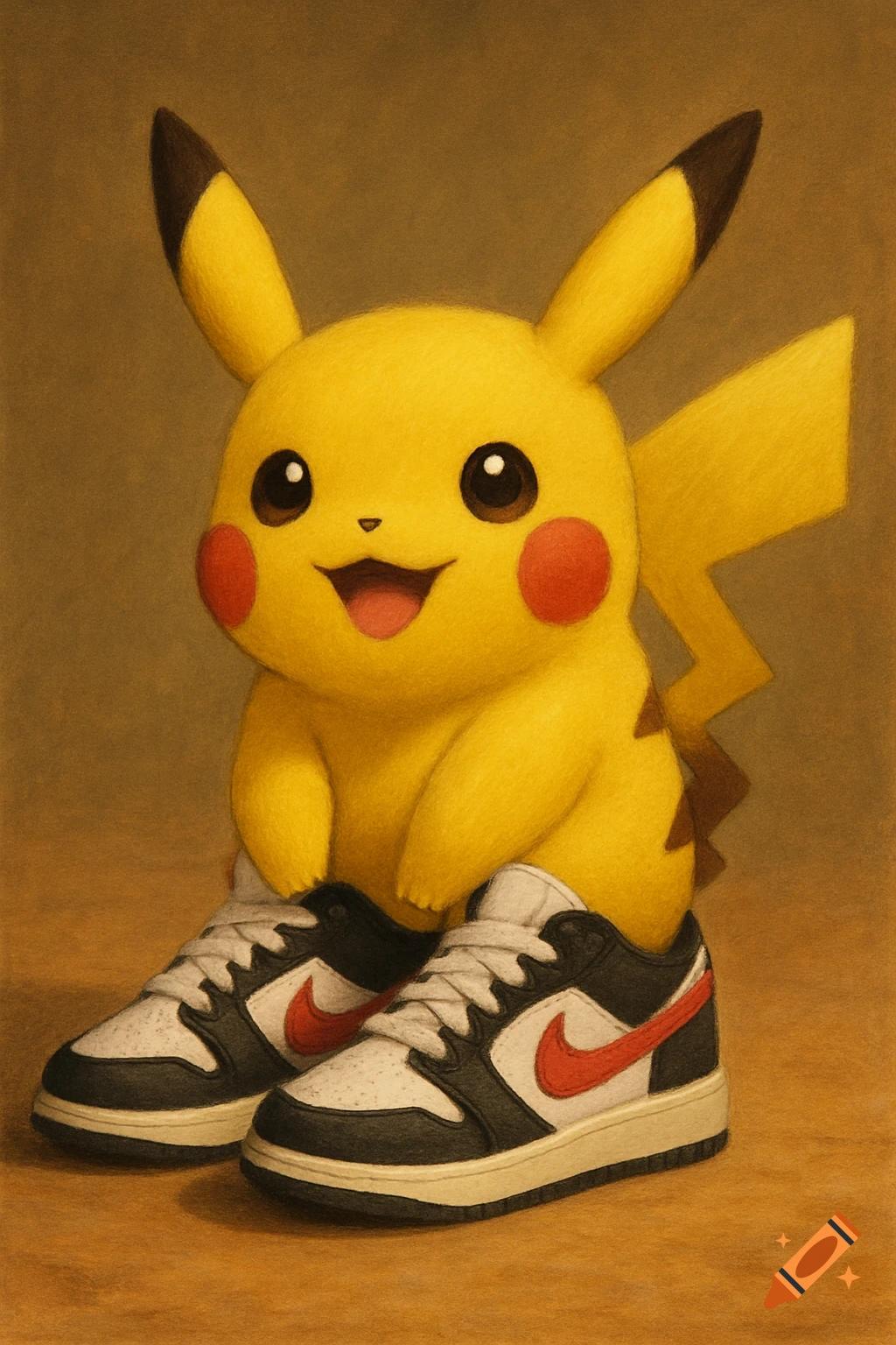 Illustration of Pikachu wearing black and white sneakers with a red swoosh.