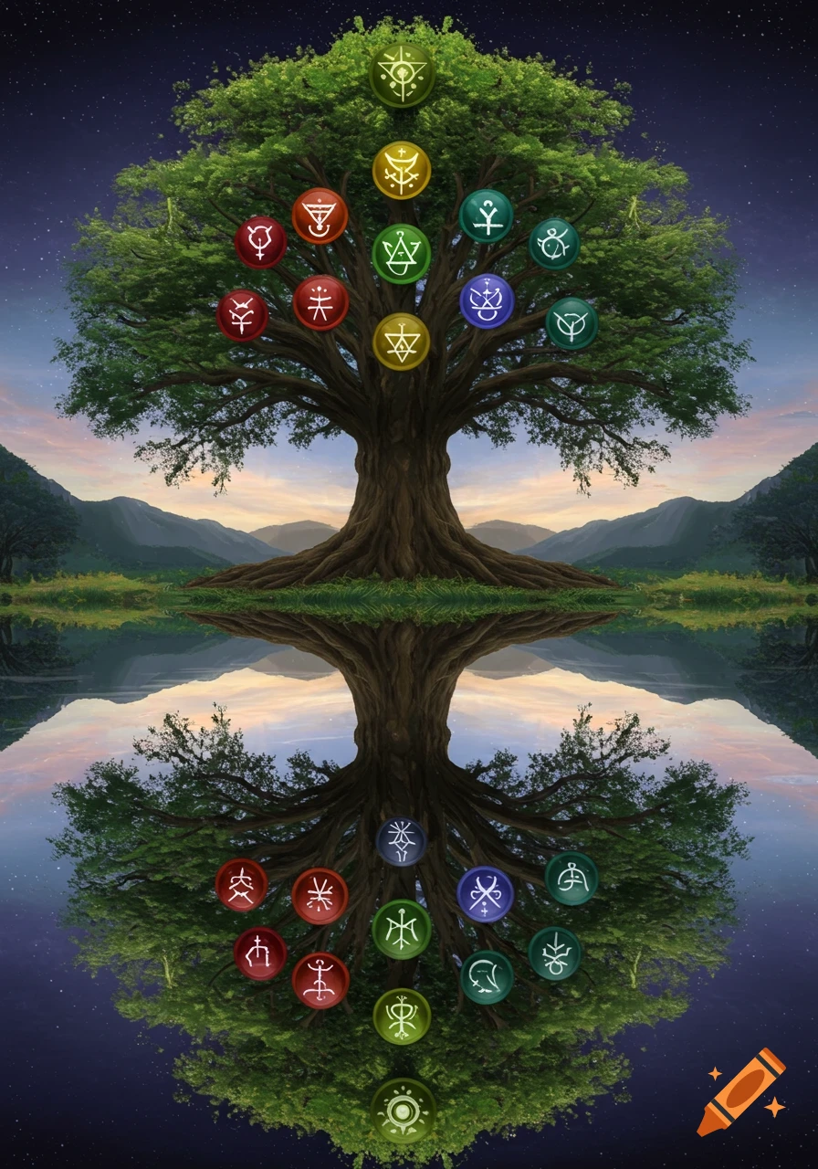 A large tree with colorful spheres holding symbols reflected in a lake under a starry sky.