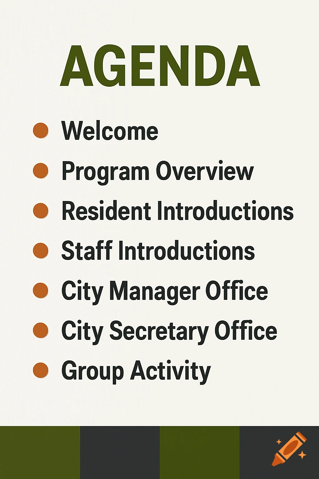 An agenda list with items Welcome, Program Overview, Resident Introductions, Staff Introductions, City Manager Office, City Secretary Office, and Group Activity.