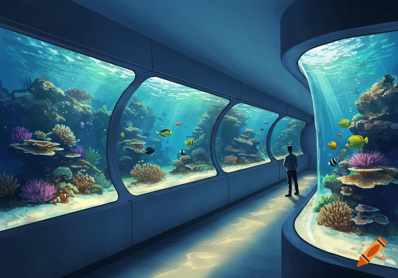 Person views colourful fish and coral in an underwater aquarium tunnel.