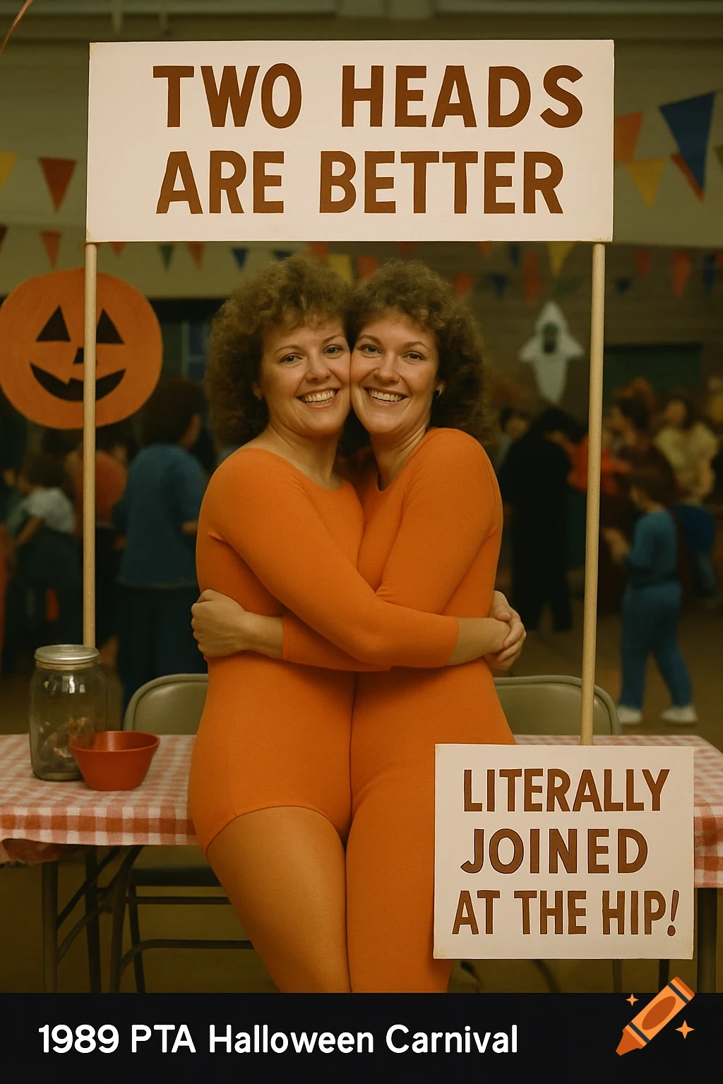 Photo of two women in an orange costume creating a two-headed illusion at a 1989 Halloween carnival.