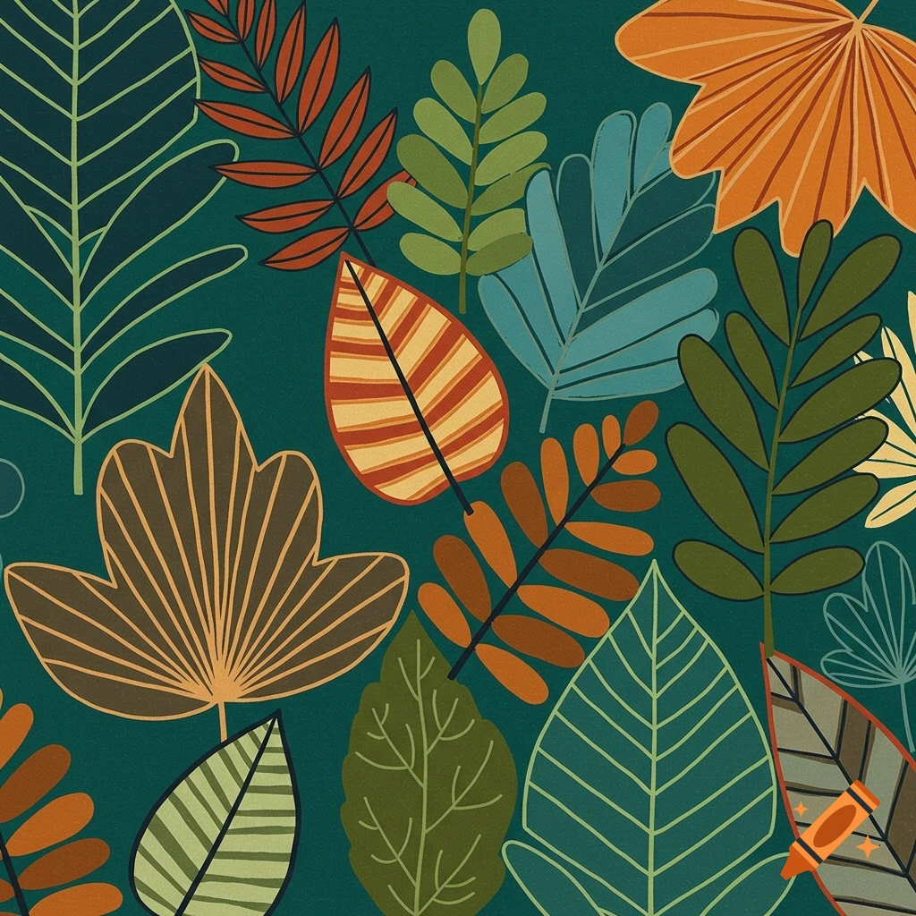 Geometric pattern of various colorful leaves on a dark background.