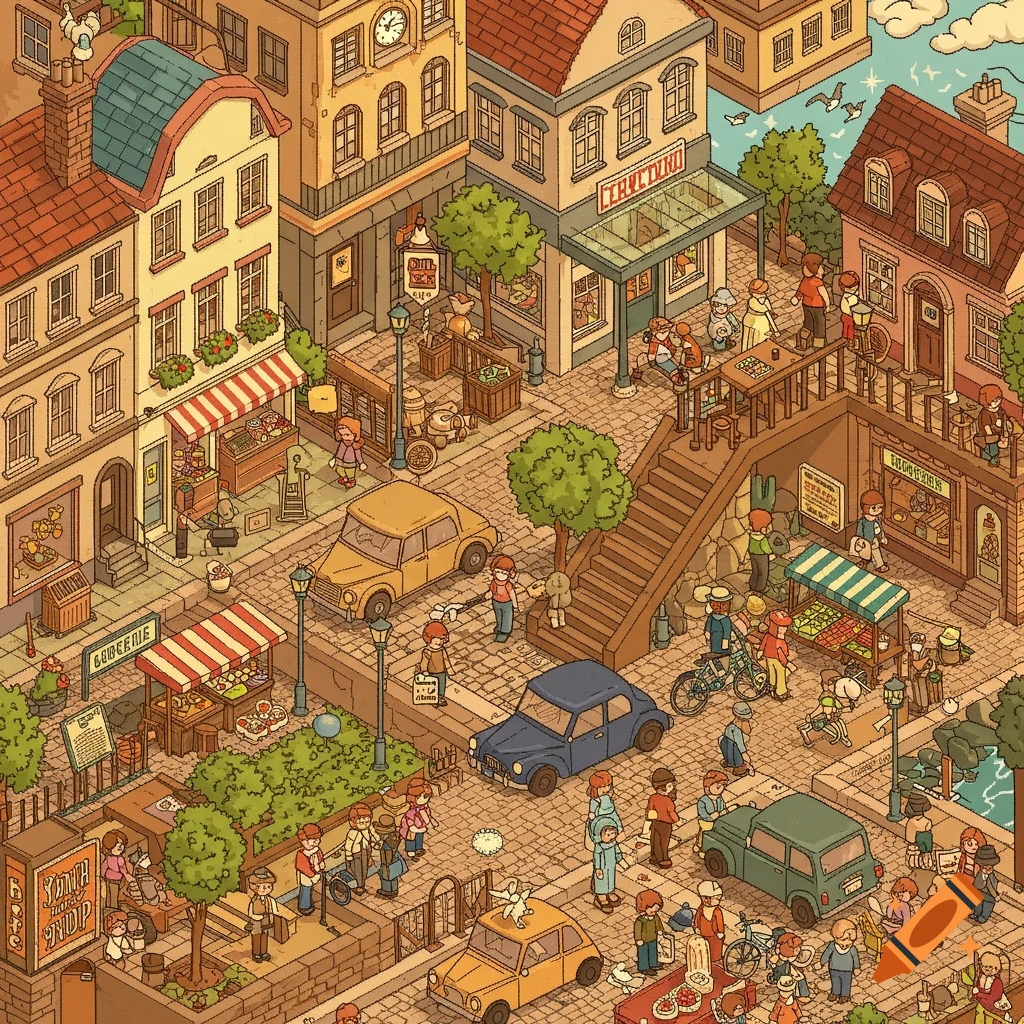 Detailed isometric pixel art diagram of a busy city street with shops, cars, and many people.