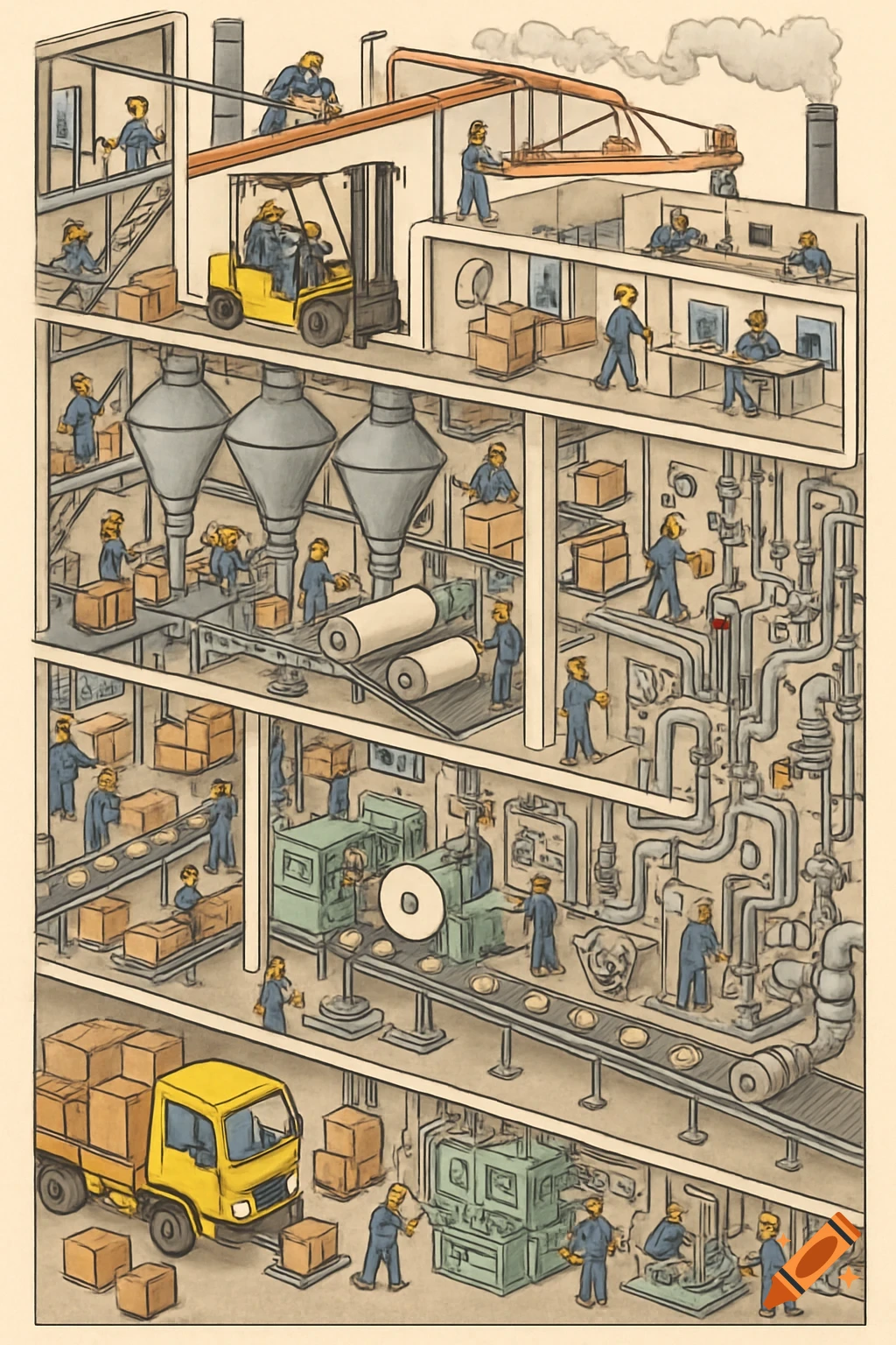 A detailed wimmelbook-style illustration of a multi-level factory with workers, machinery, conveyors, and a truck being loaded.