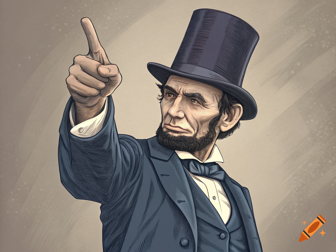 Illustration of Abraham Lincoln in a top hat and suit, pointing his finger upwards.