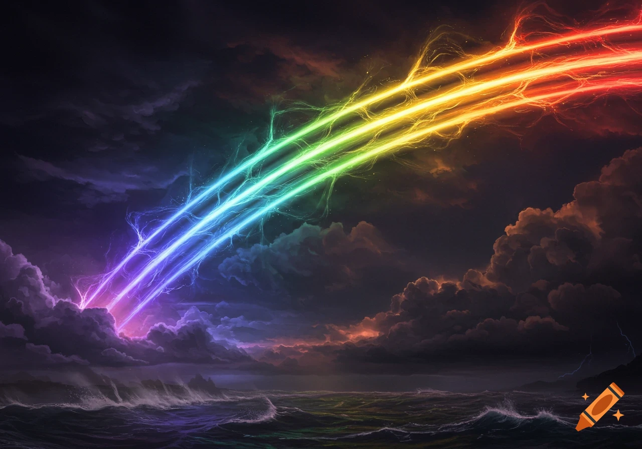 A rainbow bridge of light extends from dark clouds to a stormy sea.