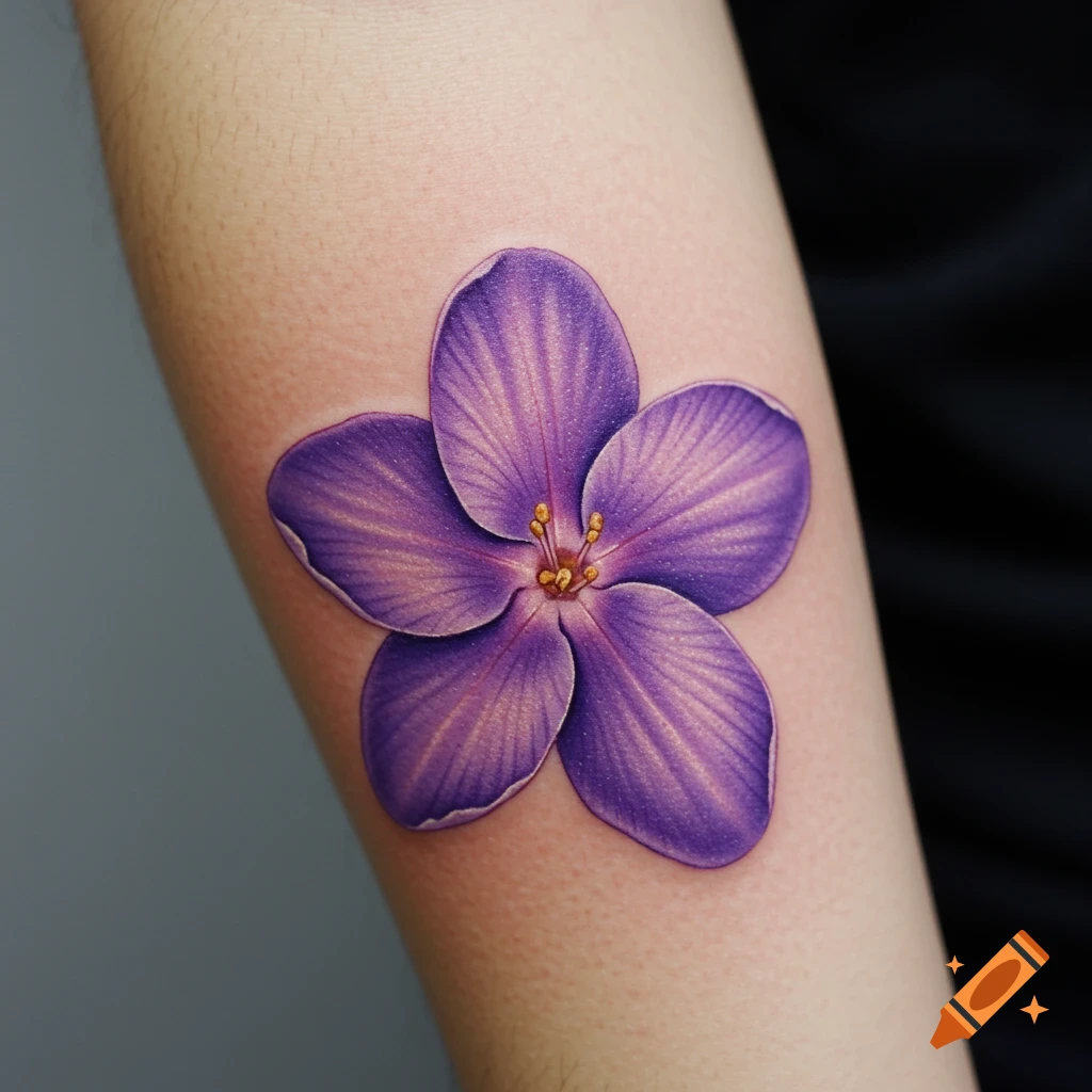 Realistic purple flower tattoo on skin