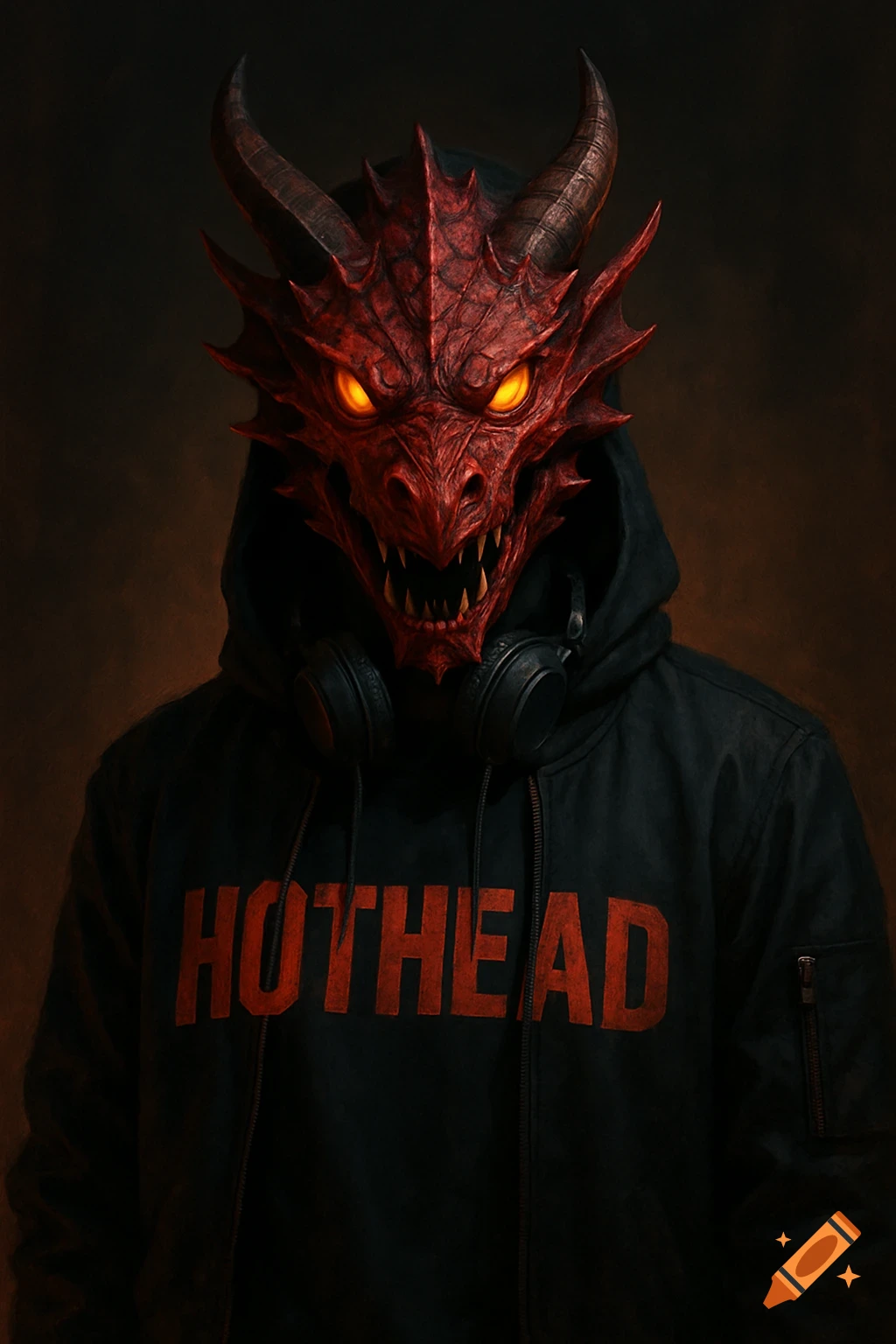 A person wearing a red dragon mask and a black hoodie with the text "HOTHEAD" across the chest. The eyes of the mask glow.