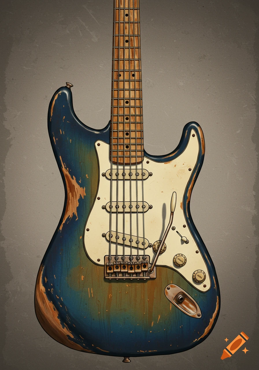 A vintage, distressed electric guitar illustration in blue and green with chipped paint against a gray background.