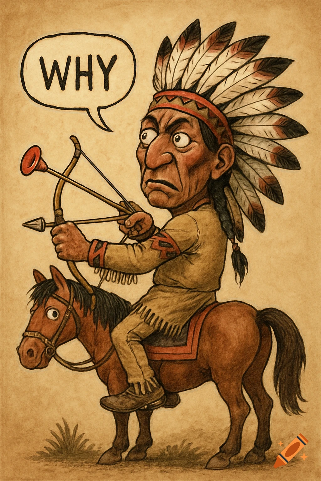 Cartoon of a cross-eyed Native American chief riding a horse backwards with a suction cup arrow, saying WHY.
