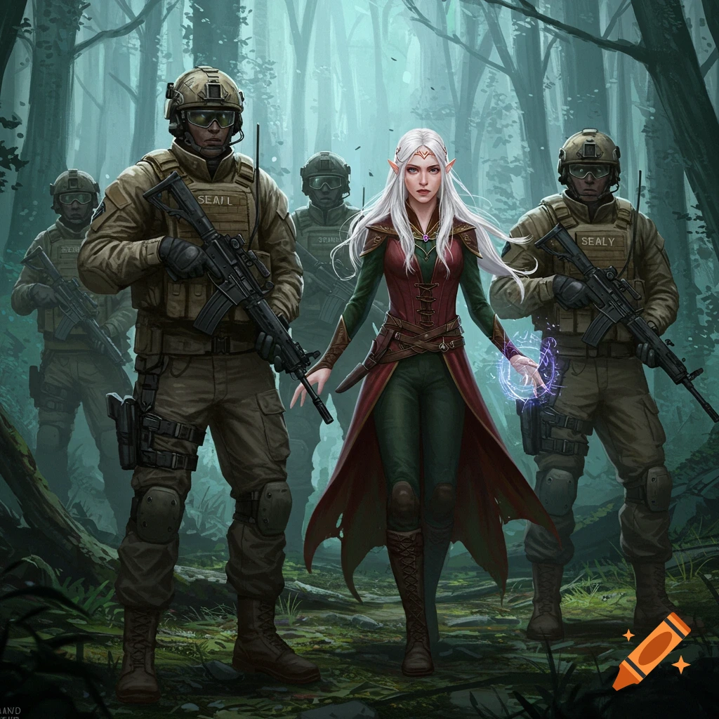 An elf woman with white hair stands with armed soldiers in a forest ...