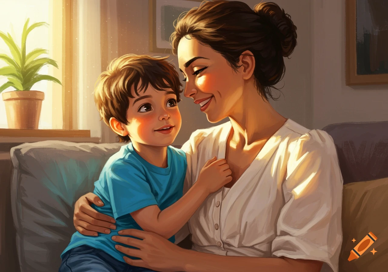 A mother and son embrace on a couch in warm sunlight, looking at each other and smiling in a digital painting style.