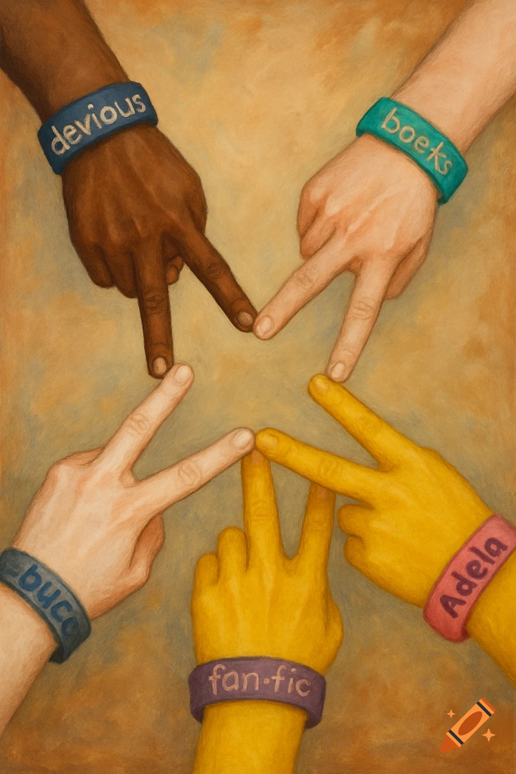 Five hands form a star shape with victory signs, wearing bracelets with words. Painted style.