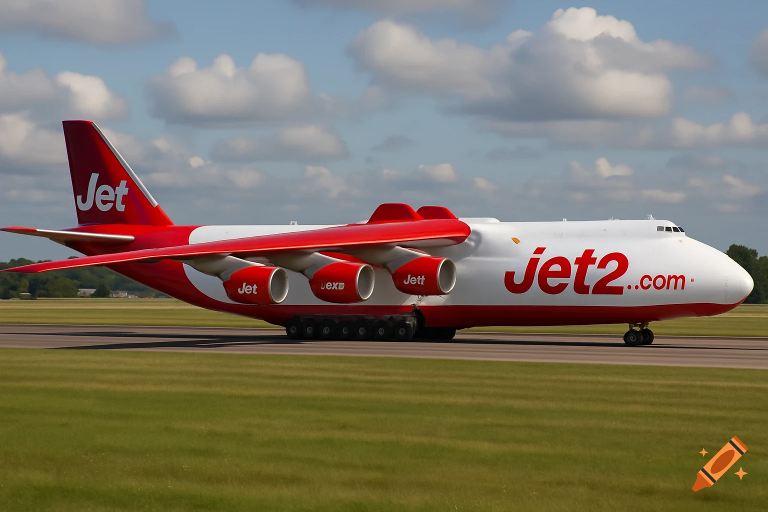 A large red and white cargo jet is on a runway under a cloudy sky.