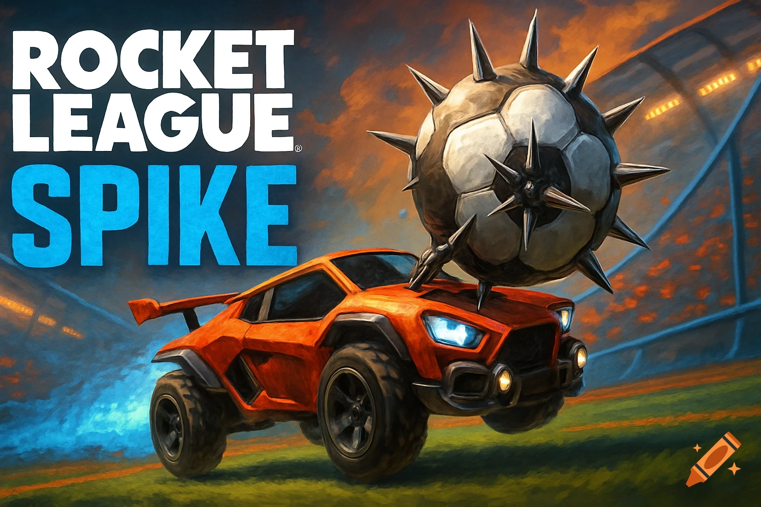 An orange car in a stadium with a large spiky soccer ball on top. Text reads "ROCKET LEAGUE SPIKE".
